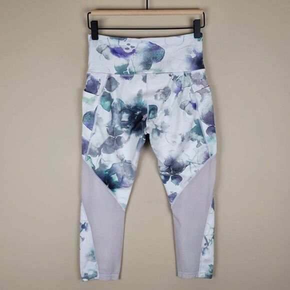Athleta Size S Floral Mudra Capri Mesh Crop Leggings White Green Purple - Picture 3 of 12